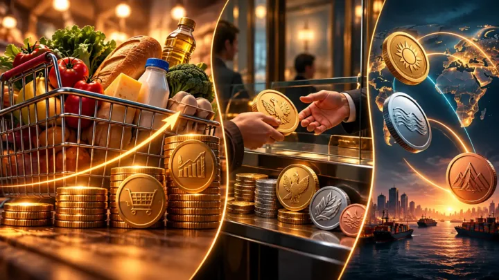 Panier de courses et pièces sur une balance pour illustrer prix et pouvoir d’achat