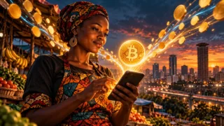 Commerçante kényane examinant un jeton Bitcoin lumineux au-dessus de son téléphone à Nairobi