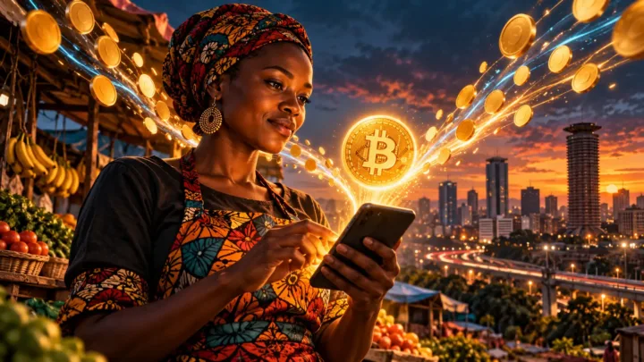 Commerçante kényane examinant un jeton Bitcoin lumineux au-dessus de son téléphone à Nairobi
