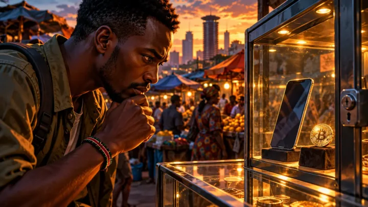 Kenyan buyer checking a phone with a Bitcoin coin behind a secure door