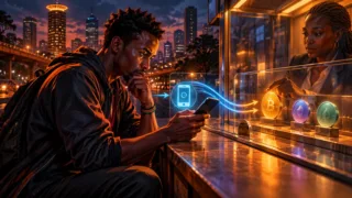 Utilisateur kényan vérifiant son téléphone et une commande de token derrière une vitre