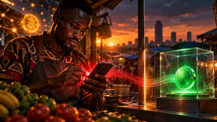 Commerçant kényan observant un téléphone rouge et un token protégé derrière une vitre