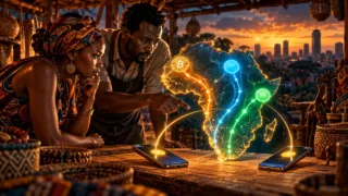 Commerçants africains comparant trois corridors de paiement sur une carte abstraite