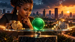 Entrepreneuse kényane observant un token vert en équilibre sur une plateforme de verre