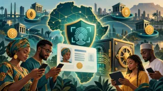 Carte stylisée de l’Afrique avec contrôle d’identité sécurisé pour une plateforme crypto