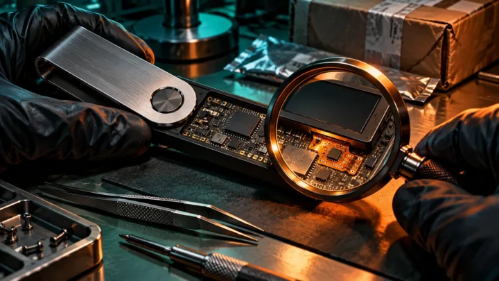 Illustration d’un hardware wallet ouvert et inspecté sous une loupe par des mains gantées