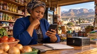 Une commerçante basotho compare un téléphone, un boîtier fermé et son carnet de budget dans une boutique de Maseru.