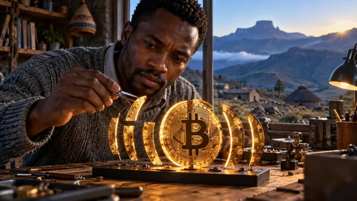 A Basotho teacher examines a symbolic Bitcoin coin divided into glowing fragments in a workshop.