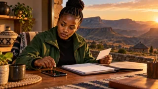 Une utilisatrice basotho suspend son geste vers un téléphone en examinant un dossier et une carte sans inscription.