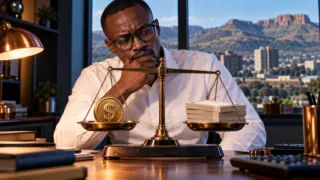 Un comptable basotho compare un jeton dollar et des billets de référence sur une petite balance dans un bureau.