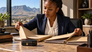 Une juriste basotho sépare trois dossiers et un boîtier contenant un jeton dans un bureau sans insigne officiel.