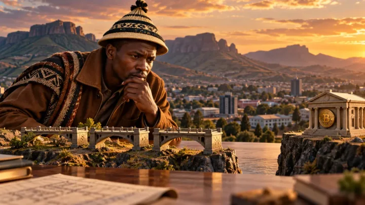Un analyste basotho observe une suite de ponts miniatures incomplète sur un bureau avec Maseru en arrière-plan.