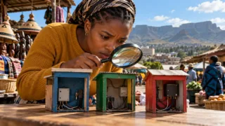 Une utilisatrice basotho inspecte les sorties de trois comptoirs miniatures à l’aide d’une loupe.