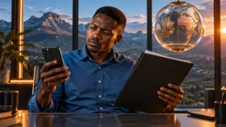 Un homme basotho compare un téléphone et un dossier contractuel sous un globe transparent dans un bureau moderne.
