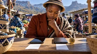 A Basotho female merchant compares two phones separated by a gap, with a Bitcoin coin beside only one device.