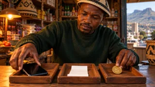 A Basotho merchant places a phone, a receipt and a dollar token in three small trays on a counter.