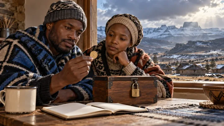 Un couple basotho compare un jeton dollar et un petit coffre près de son carnet de budget devant les montagnes.