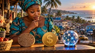 Une commerçante de Monrovia examine trois objets conceptuels représentant monnaie locale, dollar et actif numérique.