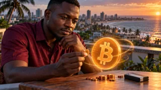 A man examines a glowing Bitcoin symbol and small abstract units on a table near Liberia’s coastline.