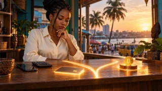 A professional compares two abstract offers at a counter in Monrovia beside a phone and calculator.