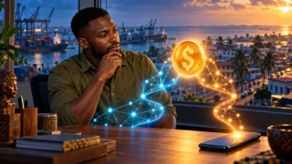 An entrepreneur looks at a conceptual dollar connected to two separate networks above a phone.