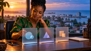 Une entrepreneuse compare trois interfaces neutres sur un bureau près d’une fenêtre donnant sur Monrovia.