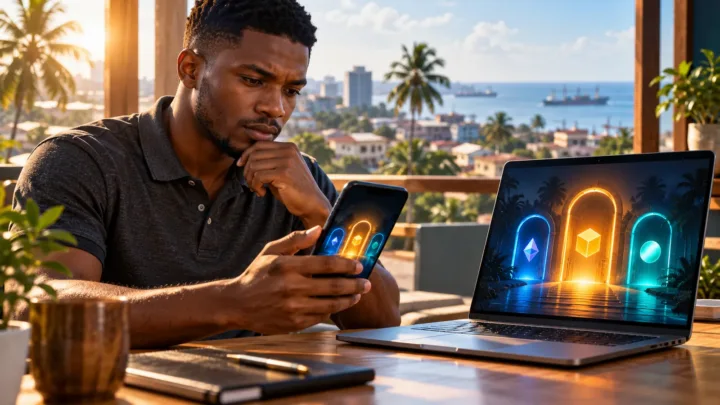 Un jeune homme consulte un ordinateur et un téléphone avec des formes crypto conceptuelles sans marque.