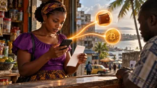 Une cliente rapproche un reçu neutre et un téléphone devant deux chemins lumineux séparés et un symbole Bitcoin.