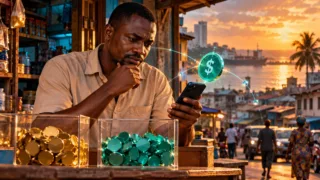 Un commerçant de Monrovia vérifie deux compartiments monétaires abstraits et un jeton dollar près de son téléphone.