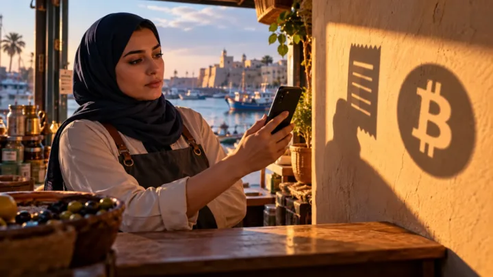 Une commerçante libyenne observe les ombres distinctes d’un reçu et d’un symbole Bitcoin près d’un téléphone.