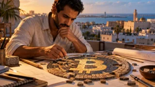Un architecte libyen étudie les petites pièces d’une mosaïque circulaire portant un symbole Bitcoin.