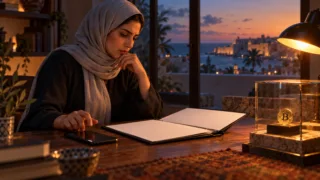 Une utilisatrice libyenne interrompt son geste vers un téléphone pour examiner un dossier contractuel.