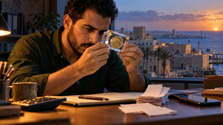 Un comptable libyen examine un jeton dollar à travers un prisme près de son téléphone.