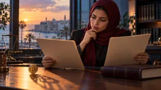 Une juriste libyenne compare deux dossiers vierges près d’un livre et d’un symbole Bitcoin.