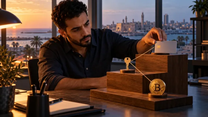 Un analyste libyen organise une carte, une clé et un symbole Bitcoin sur trois niveaux distincts.
