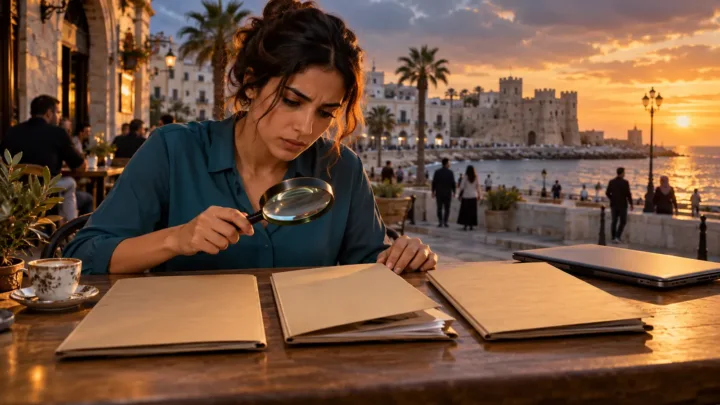 Une professionnelle libyenne examine trois dossiers dont l’un présente des pages manquantes.