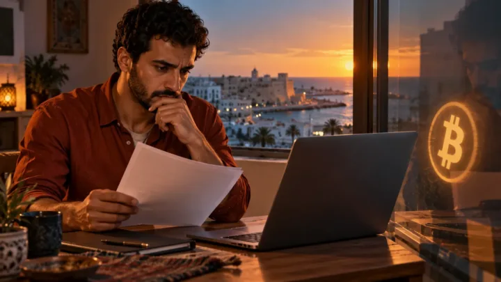 Un utilisateur libyen compare un contrat et le reflet d’un ordinateur avec un symbole Bitcoin.