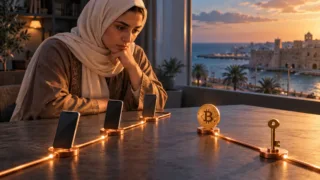 Une utilisatrice libyenne observe deux circuits séparés reliant des téléphones et un symbole Bitcoin.