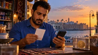 Un commerçant libyen examine son reçu et son téléphone, séparés d’un jeton dollar placé sous verre.