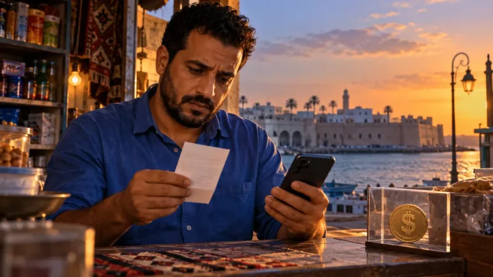 Un commerçant libyen examine son reçu et son téléphone, séparés d’un jeton dollar placé sous verre.