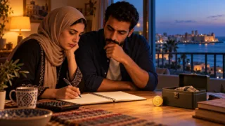 A Libyan couple reviews a budget notebook, an emergency reserve and a dollar-pegged token.