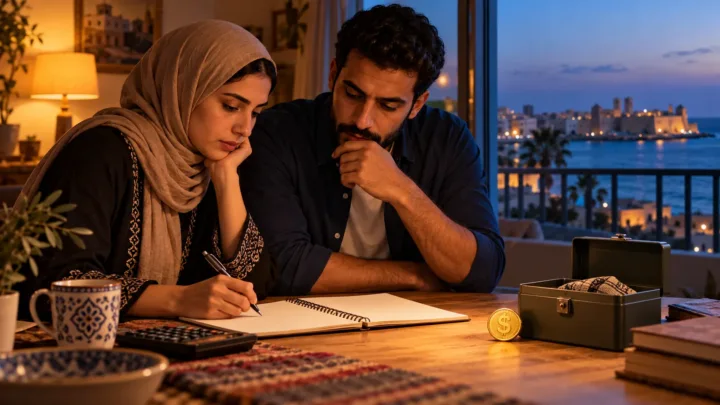 A Libyan couple reviews a budget notebook, an emergency reserve and a dollar-pegged token.