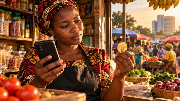 A Malawian shopkeeper compares a phone with a symbolic digital coin in a shop in Lilongwe.