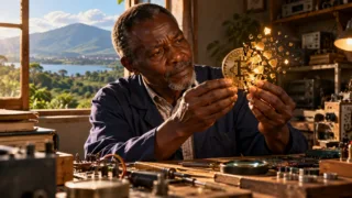 Un enseignant malawite examine une petite pièce Bitcoin et plusieurs fragments lumineux dans un atelier.