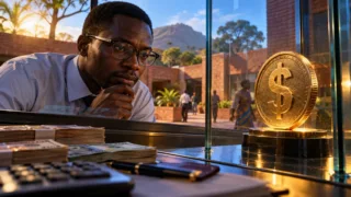 Un comptable malawite observe un jeton dollar derrière une vitre et des billets de référence sur sa table.