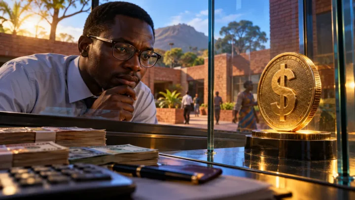 Un comptable malawite observe un jeton dollar derrière une vitre et des billets de référence sur sa table.