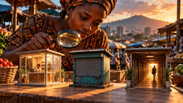Une utilisatrice malawite inspecte trois comptoirs miniatures avec une loupe dans un marché urbain.