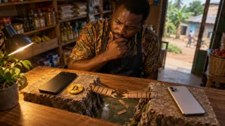 Un commerçant malawite observe deux téléphones reliés par une passerelle miniature interrompue sur un comptoir.