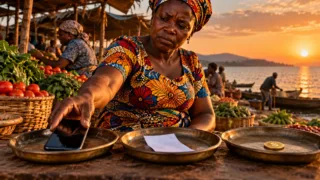A Malawian female vendor separates a phone, a receipt and a metal token across three trays at her stall.