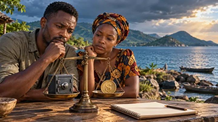 Un couple malawite compare un jeton dollar et un coffre sur une balance devant un paysage du lac Malawi.